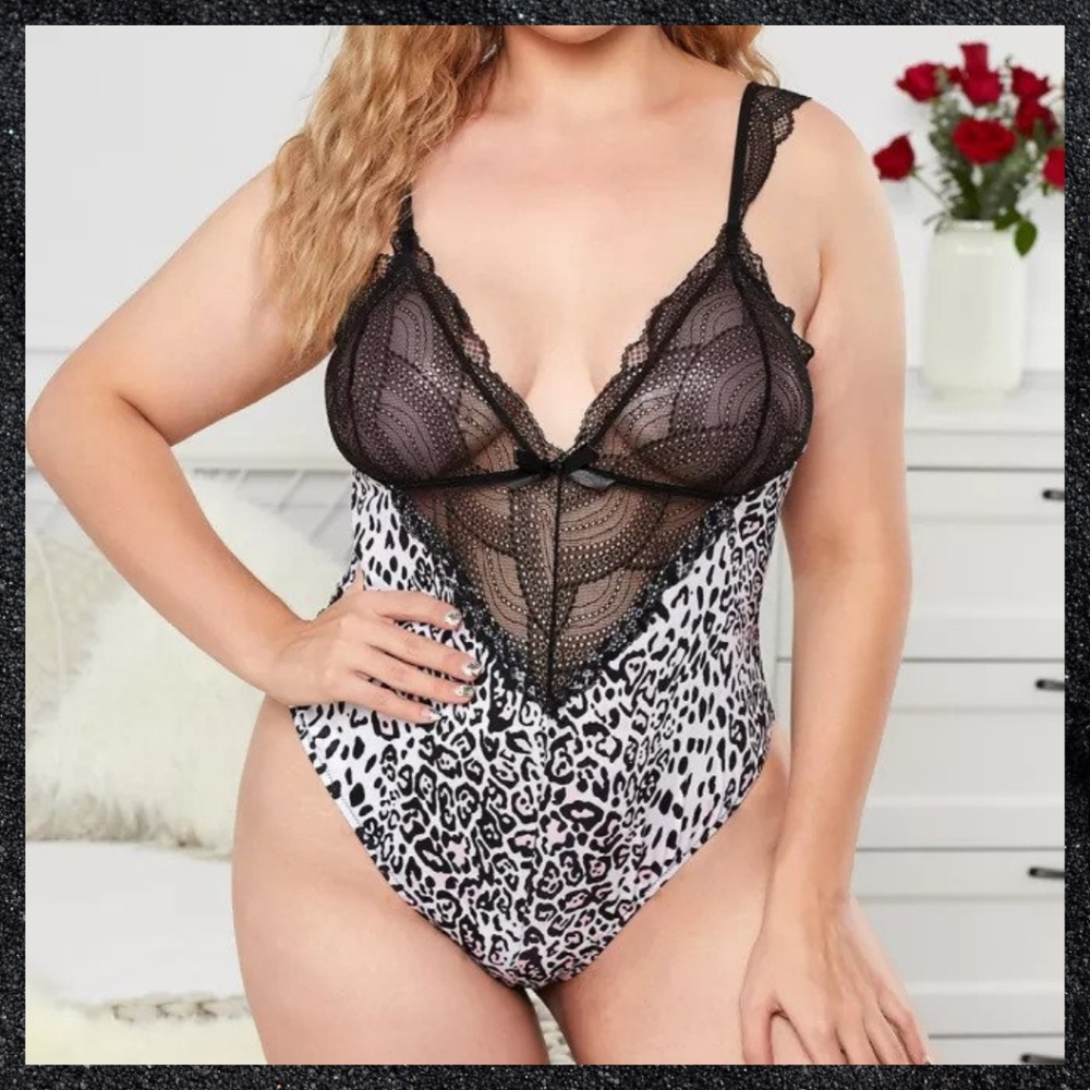 Black, White, & Pink Lace Animal Print Bodysuit Plus Size